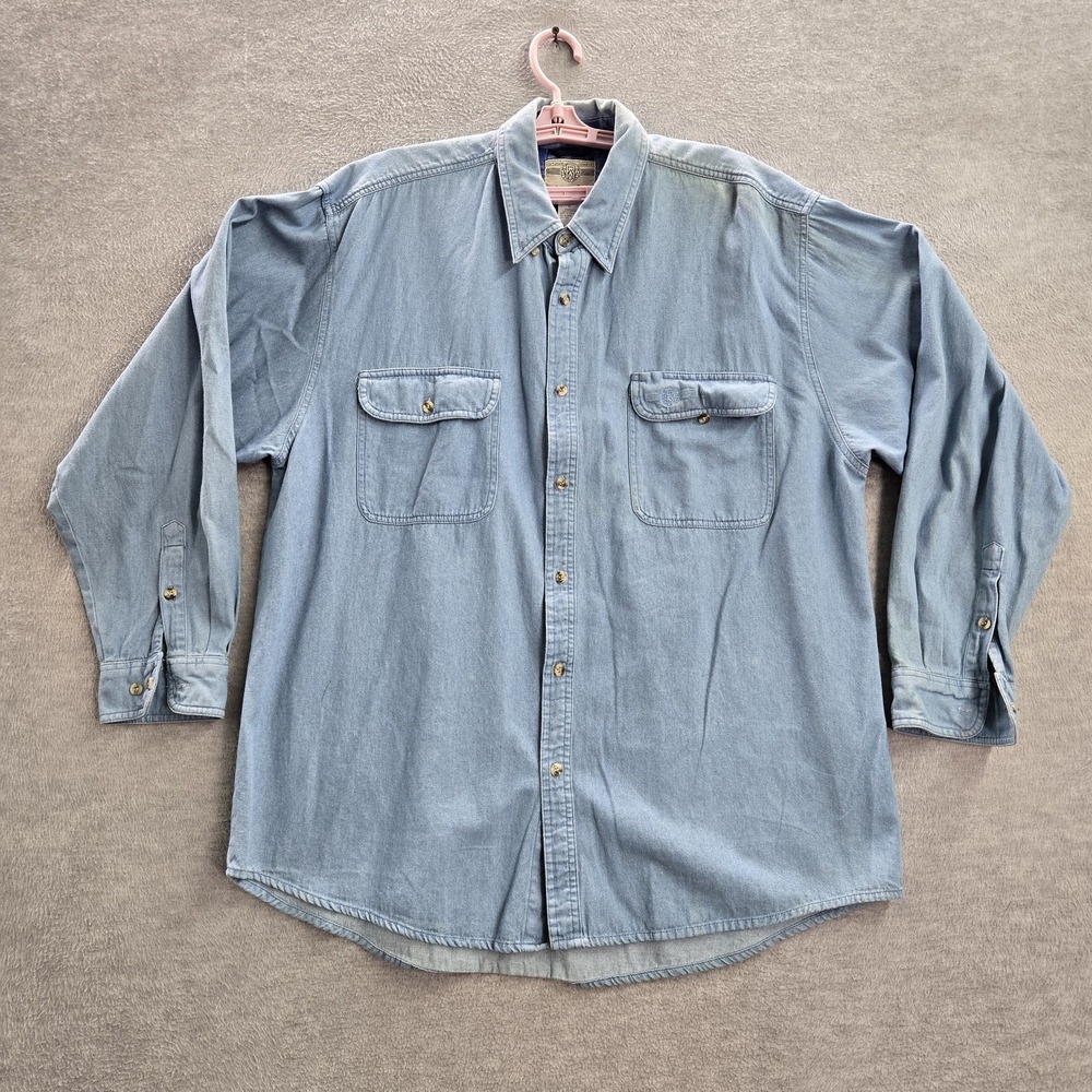 VINTAGE Wrangler Men Button Up Shirt‎ XL Light Blue Denim Logo Embroidery